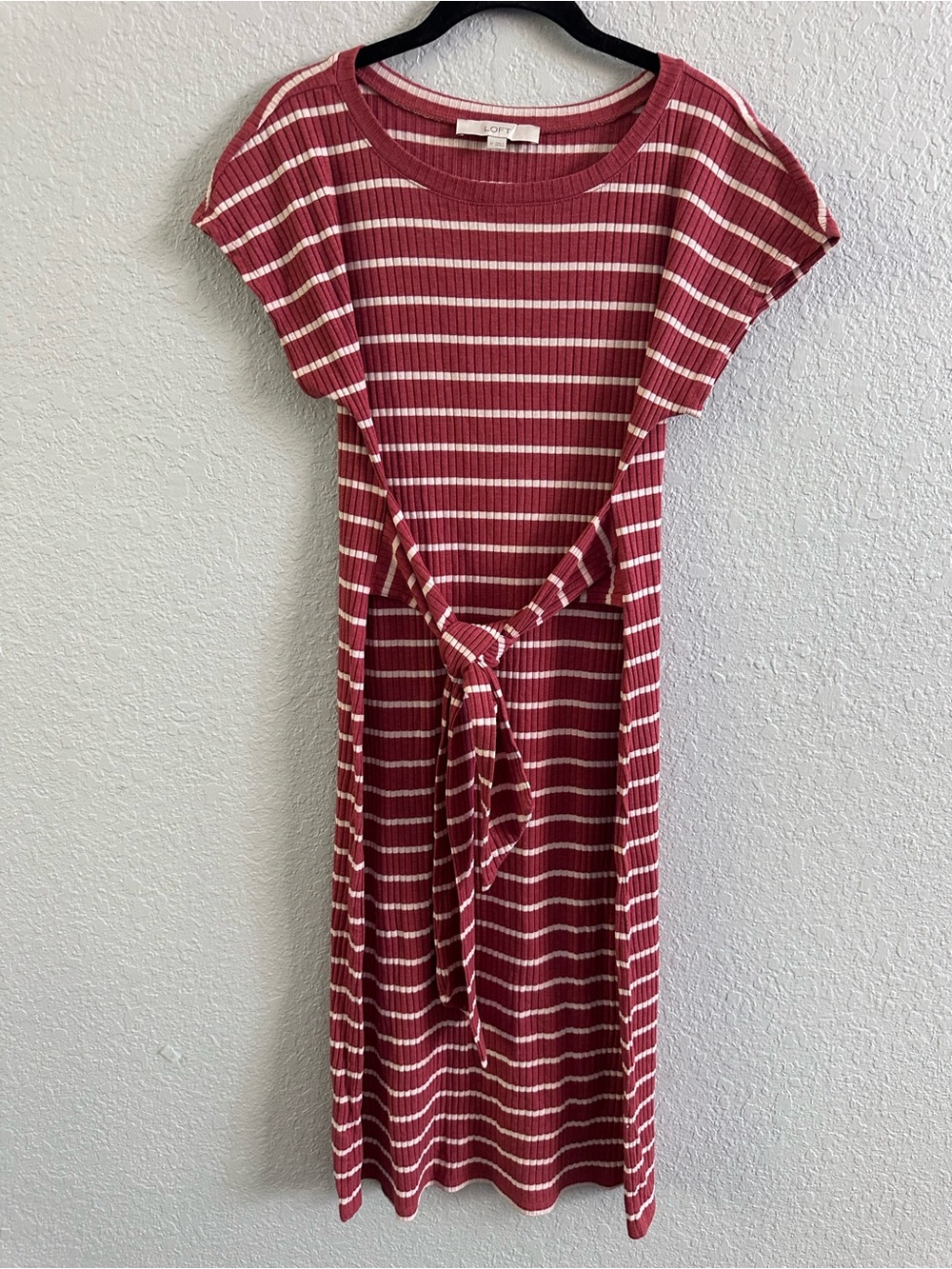 LOFT Striped Ribbed Belted Midi Dress Rust Cream Medium